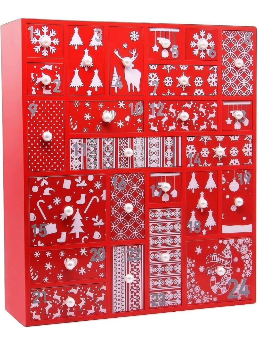 Red Wooden Advent Calendar with 24 Drawers - Countdown to Christmas, 15” Tall